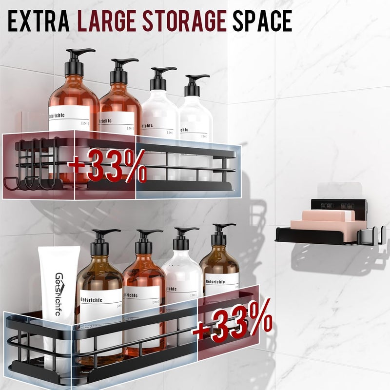 Getsrichfc Large Capacity Shower Caddy, Heavy-Duty Adhesive Shower Organizers with Custom Aesthetic Design Soap, No Drilling Corner Shower Shelves, 5 Hooks for Bathroom Accessories, 3 Pack - Image 3